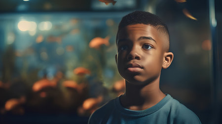 Portrait of a boy in front of aquarium with gold fish.の素材