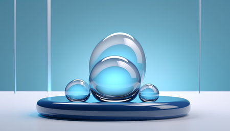 3d render of blue abstract background with water drops in glass sphereの素材
