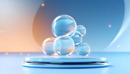 3d render of blue soap bubbles on podium in blue background.の素材