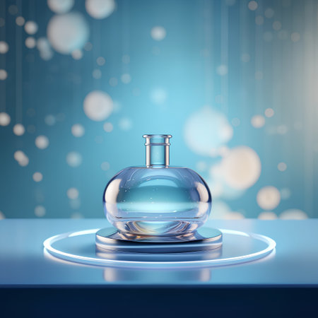 3d render of perfume bottle on blue bokeh background.の素材