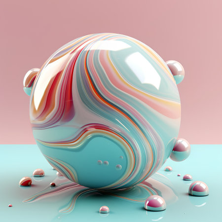 3d render of abstract crystal ball with colorful reflections on water surfaceの素材