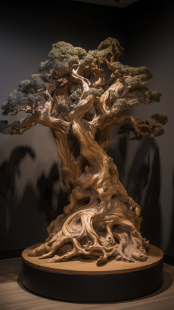 3D rendering of a bonsai tree in a dark roomの素材