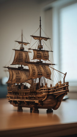 Model of a wooden ship on a table. 3d rendering.の素材