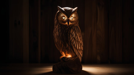 Wooden owl on a dark wooden background. 3d illustration.の素材