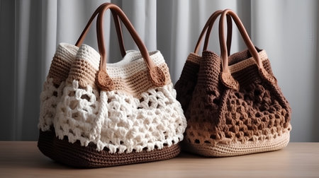 Handmade crocheted bags on wooden table, on curtain backgroundの素材