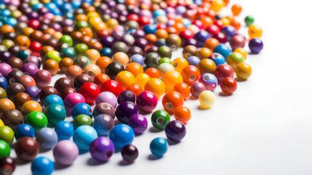 Colorful beads on a white background, close-up, selective focusの素材