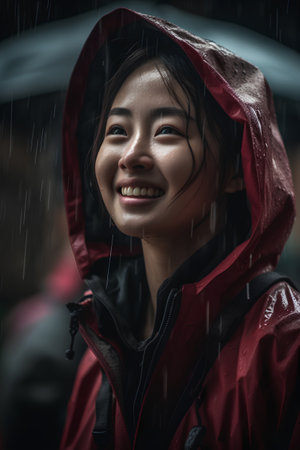 Beautiful asian girl in raincoat with red raincoat in rainy dayの素材