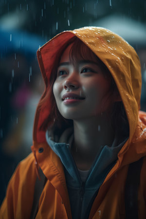 Portrait of a beautiful girl in a raincoat in the rainの素材