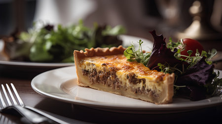 Delicious homemade pie with meat and cheese on a white plate.の素材