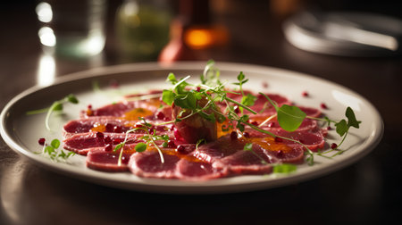 Slices of beef carpaccio with orange and microgreens.の素材