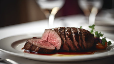 Roast beef on white plate with red wine, shallow depth of fieldの素材
