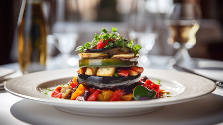 Grilled eggplant, zucchini and bell pepper on white plateの素材