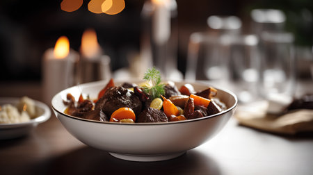 Beef Bourguignon in a white bowl on a wooden tableの素材