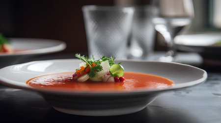 Tomato soup in a white bowl on a dark background. Restaurantの素材