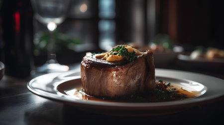Baked pork belly with mashed potatoes and parsley on white plateの素材