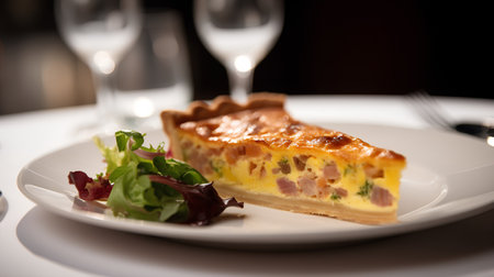 Quiche Lorraine with Ham and Cheese on a white plate.の素材
