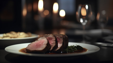 Slices of roast beef with sauce on a plate in a restaurantの素材