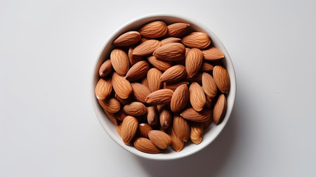 Almond nuts in a bowl on white background. Top view.の素材