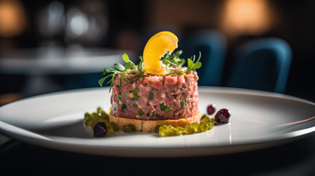 Tuna tartare on a white plate. Selective focus.の素材