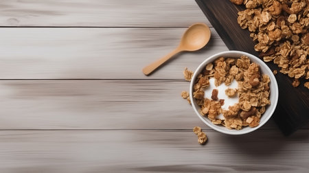 Bowl of homemade granola with yogurt and spoon on wooden backgroundの素材