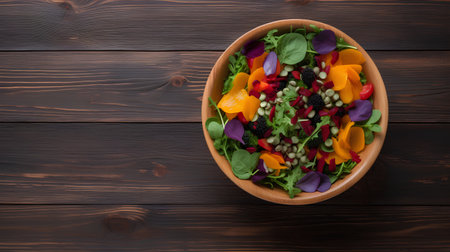 Salad in a bowl on a wooden background. Top view.の素材