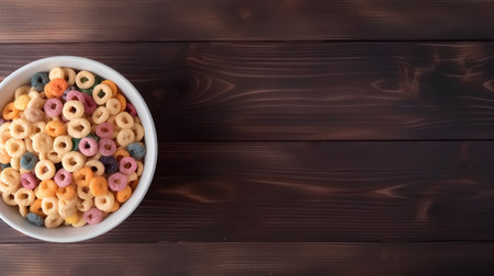 Colorful cereal rings in bowl on wooden background. Top view.の素材