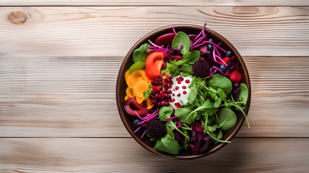 Vegetable salad in a bowl on a wooden background. Top view.の素材