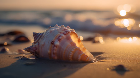Beautiful sea shell on the beach at sunset. Selective focus.の素材