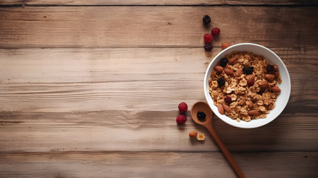 Healthy breakfast. Granola with nuts and berries on wooden backgroundの素材