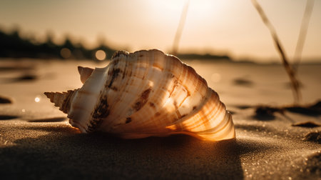Beautiful sea shell on the beach at sunset. Selective focus.の素材