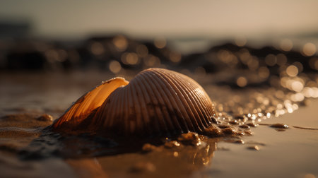 Close up of a shell on the beach at sunset, shallow depth of fieldの素材