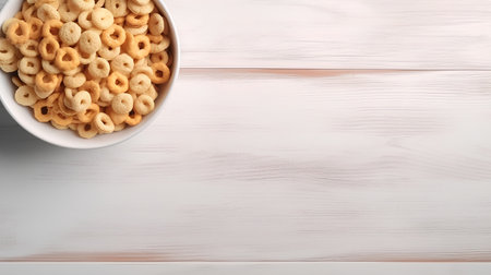 Bowl of cereal rings on white wooden table. Top view with copy spaceの素材