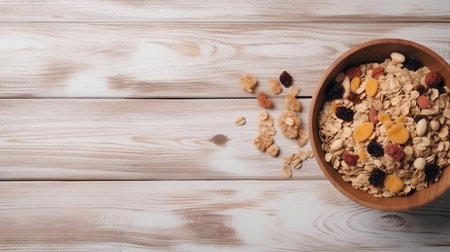 Muesli with raisins and nuts in wooden bowl on wooden backgroundの素材