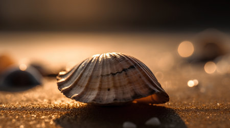 Beautiful seashells on a golden background with bokehの素材