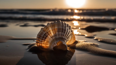 Beautiful seashell on the beach at sunset. Shallow depth of fieldの素材