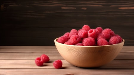 Ripe raspberries in a wooden bowl on a wooden backgroundの素材