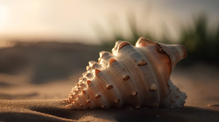Beautiful seashell on the beach at sunset. Shallow depth of fieldの素材