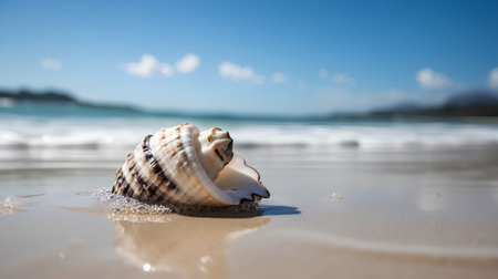 Seashell on a sandy beach with a blue sky in the backgroundの素材