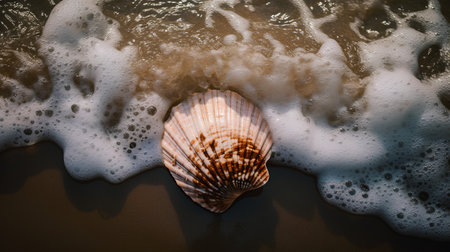 Seashell on the beach with sea foam. Summer background.の素材