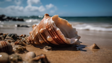 Sea shell on the sand beach with sea waves on the background.の素材