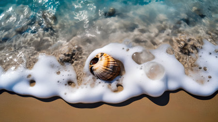 Seashell on the sand with waves and foam. Top viewの素材