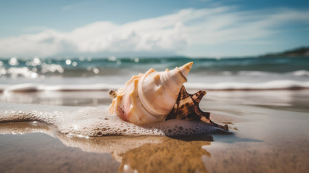 Seashell on the beach with waves and blue sky background.の素材