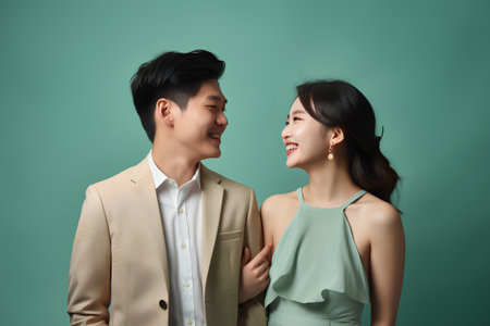 Portrait of happy asian couple looking at each other and smilingの素材