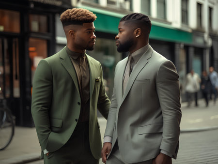Two young african american businessmen in formal wear walking on city street. Fashionable black man looking at each other.の素材