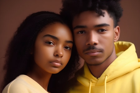 Young african american man and woman in yellow hoodies.の素材