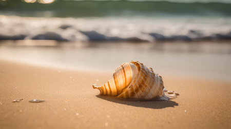 Seashell on the beach with waves. Selective focus.の素材