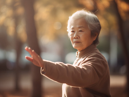 Portrait of asian senior woman standing in the park at sunsetの素材