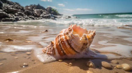 Beautiful sea shell on the sandy beach. Summer holidays concept.の素材
