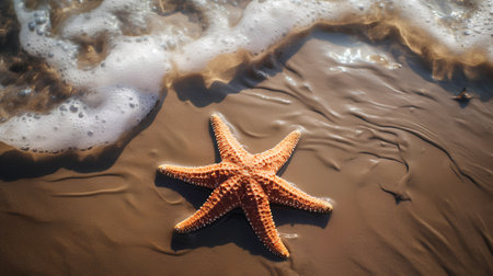 Starfish on the beach with waves and sand. Toned.の素材