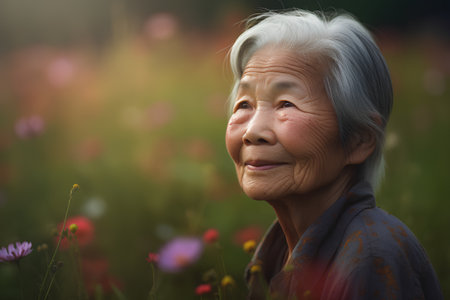 Portrait of asian senior woman standing in the flower field.の素材